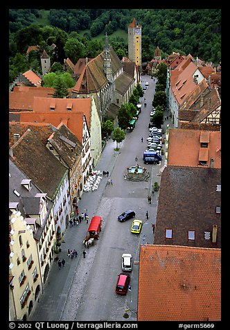House rooftops and Street seen from the Rathaus tower. Rothenburg ob der Tauber, Bavaria, Germany (color)