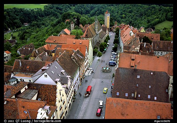 House rooftops and Street seen from the Rathaus tower. Rothenburg ob der Tauber, Bavaria, Germany