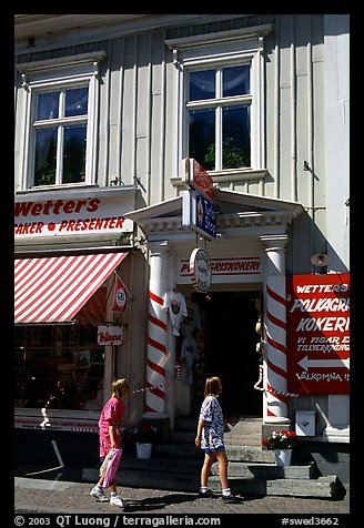 Kids in front of candy store in Granna. Gotaland, Sweden