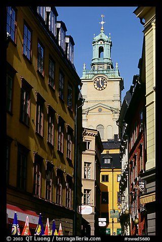 Street and church in Gamla Stan. Stockholm, Sweden