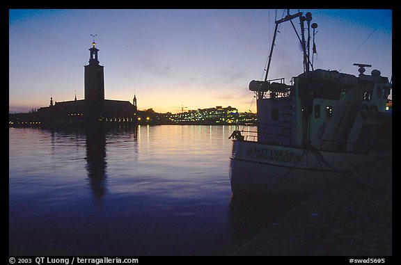 Fishing boat and Stadshuset. Stockholm, Sweden (color)