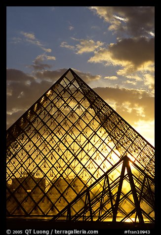 Louvre pyramid transparent at sunset. Paris, France