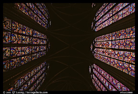 Stained glass and ceiling of Holy Chapel. Paris, France