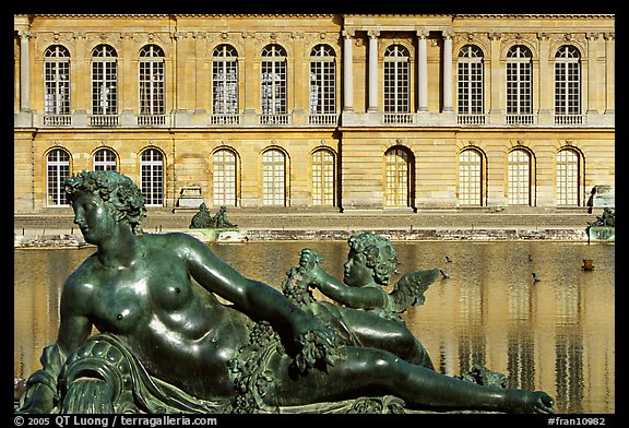 Statue, basin, and facade, afternoon, Palais de Versailles. France