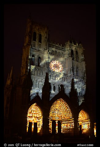 Cathedral facade illuminated at night, Amiens. France (color)