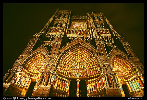 Looking up Notre Dame Cathedral laser-illuminated to recreate original colors, Amiens. France (color)