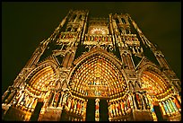 Looking up Notre Dame Cathedral laser-illuminated to recreate original colors, Amiens. France ( color)