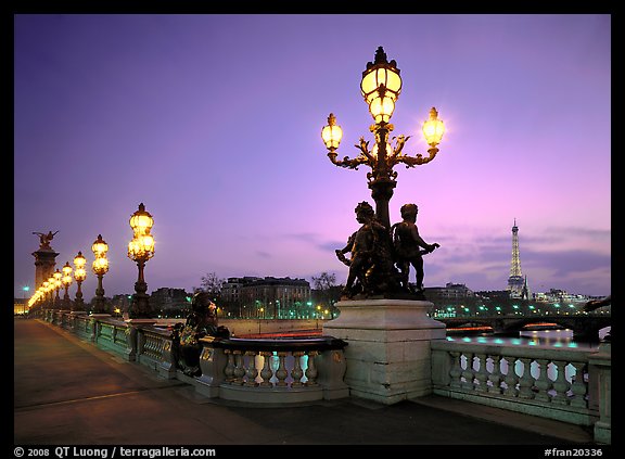 Lamps on Alexandre III bridge at sunset. Paris, France (color)