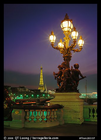 Lamps on Pont Alexandre III and Eiffel Tower at night. France (color)