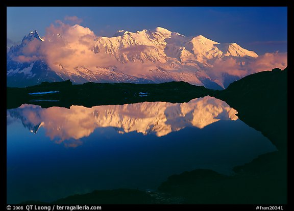 Mont Blanc reflected in pond at sunset, Chamonix. France