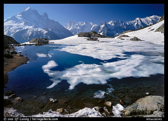 Partly Frozen Lac Blanc, Aiguille Verte, and Mont-Blanc range, Chamonix. France