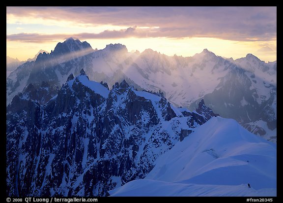 Sunrays over Chamonix Aiguilles, Aiguille Verte, Droites, and Courtes, Chamonix. France (color)