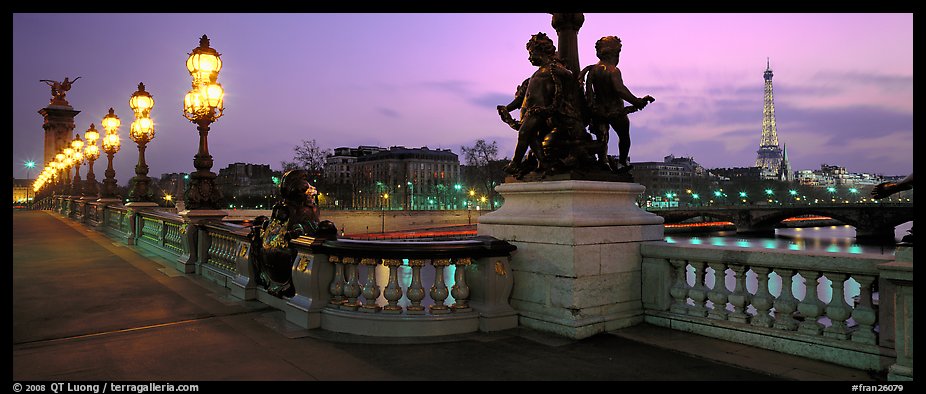 Alexander III bridge and Eiffel tower at dusk. Paris, France (color)