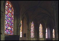 Aisle with tained glass windows, Saint-Etienne Cathedral. Bourges, Berry, France