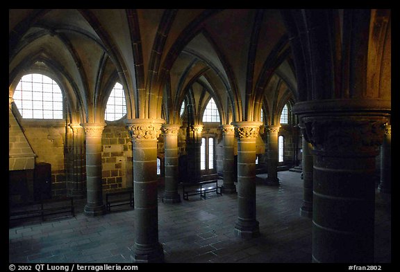 Hall of the knights inside the Benedictine abbey. Mont Saint-Michel, Brittany, France