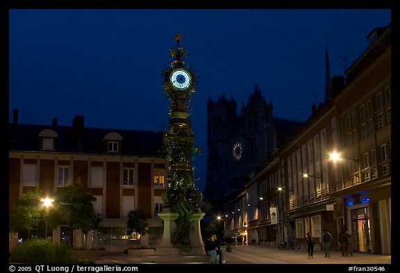 Place  Marie-Sans-Chemise and horloge Dewailly by night, Amiens. France (color)