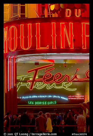 Detail of facade and lights of Moulin Rouge cabaret. Paris, France