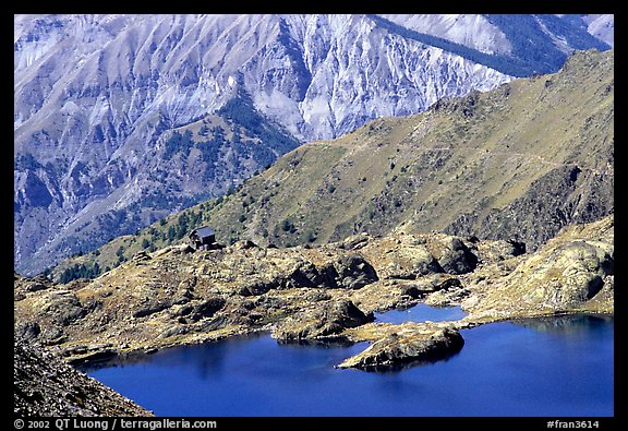 Lake and mountain hut, Mercantour National Park. Maritime Alps, France (color)