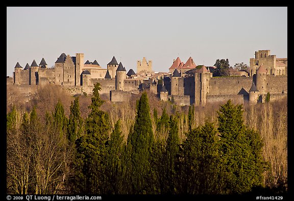 Distant view of fortified town. Carcassonne, France (color)