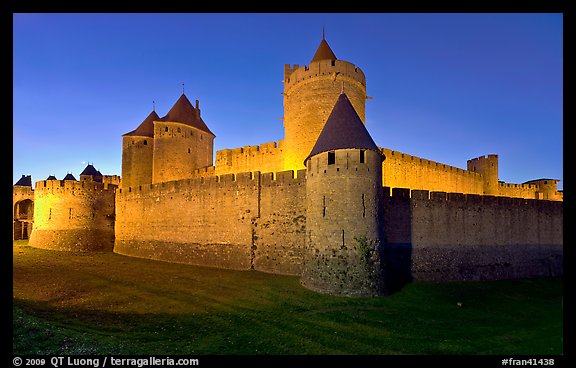 Rampart walls and stone towers. Carcassonne, France (color)