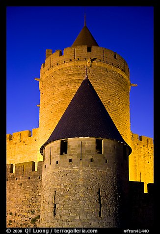 Towers with witch hat roofs by night. Carcassonne, France (color)
