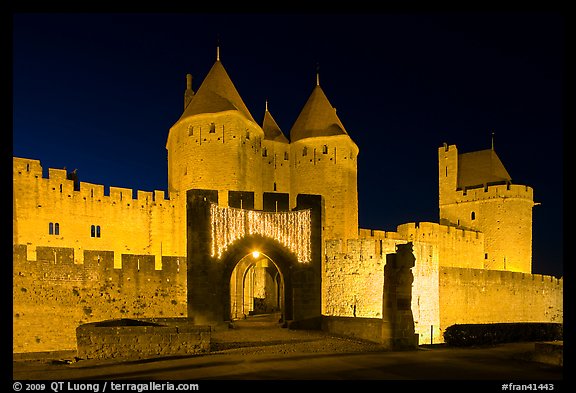 Medieval city and main entrance by night. Carcassonne, France (color)