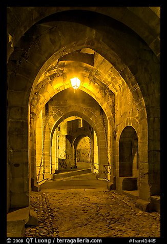Main entrance of medieval city through drawbridge at night. Carcassonne, France (color)