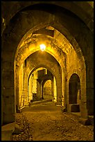 Main entrance of medieval city through drawbridge at night. Carcassonne, France ( color)