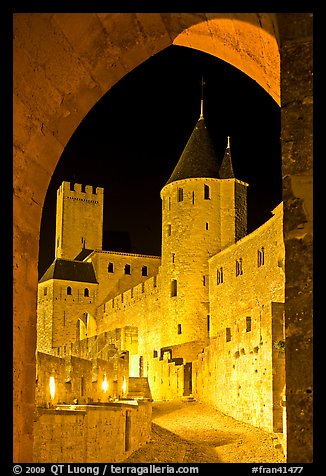 Medieval castle illuminated at night. Carcassonne, France (color)