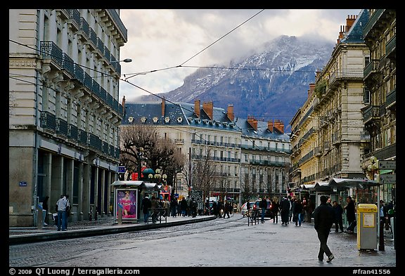 Downtown street on wintry day. Grenoble, France