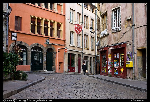 Small square in old city with coblestone pavement. Lyon, France