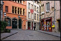 Small square in old city with coblestone pavement. Lyon, France