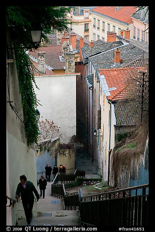 People climbing stairs to Fourviere Hill. Lyon, France