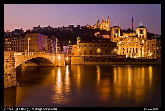 Napoleon Bridge, Saone River and Fourviere Hill at night. Lyon, France (color)
