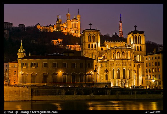 Saint Jean Cathedral and Notre Dame of Fourviere basilica at night. Lyon, France