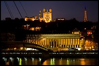 Passerelle, Palais de Justice, and Basilique Notre Dame de Fourviere by night. Lyon, France