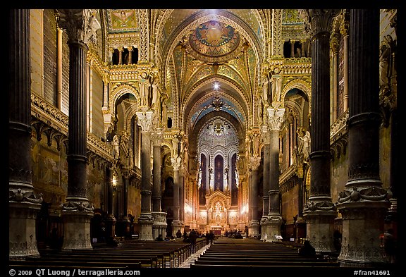 Inside Basilica Notre-Dame of Fourviere, in Romanesque and Byzantine architecture. Lyon, France (color)