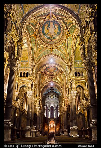 Heavily decorated dome of  Notre Dame of Fourviere basilic. Lyon, France