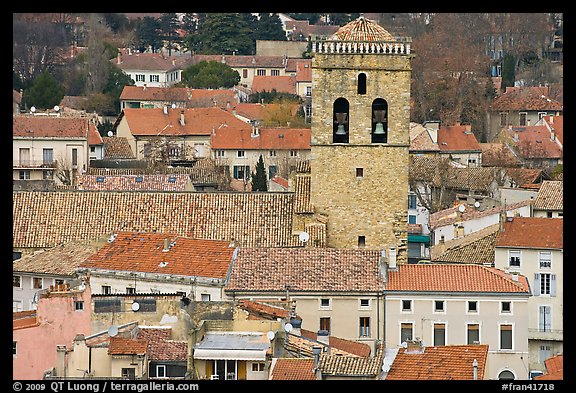 Red tile rooftops and church tower, Orange. Provence, France (color)