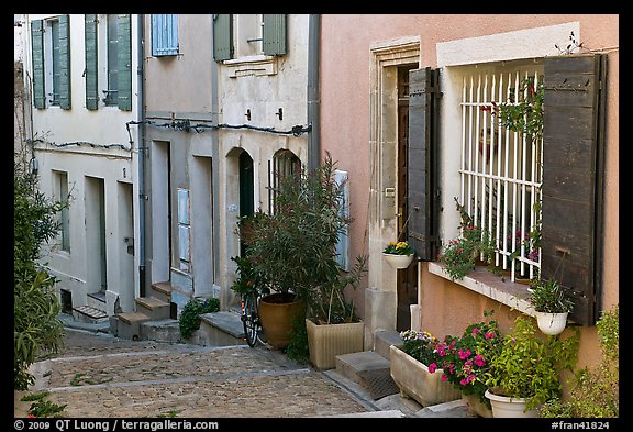 Facades of painted houses. Arles, Provence, France (color)