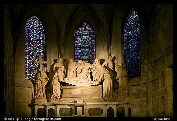 Lit sculpture of Christ laid to rest, St Trophime church. Arles, Provence, France (color)