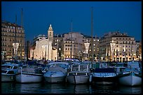 Yachts, church, and city at night, Vieux Port. Marseille, France ( color)