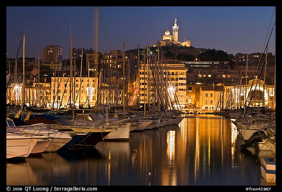 Harbor and Notre Dame de la Garde Basilic on hill. Marseille, France (color)