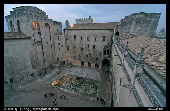 Honnor courtyard and walls from above, Palace of the Popes. Avignon, Provence, France
