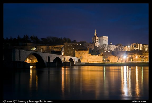 Avignon skyline at night with Papal Palace, Episcopal Ensemble and Avignon Bridge. Avignon, Provence, France (color)
