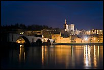 Avignon skyline at night with Papal Palace, Episcopal Ensemble and Avignon Bridge. Avignon, Provence, France