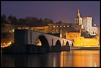 St Benezet Bridge and Palace of the Popes at night. Avignon, Provence, France