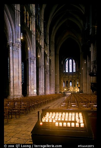 Candles, nave, and apse, Cathedral of Our Lady of Chartres,. France (color)