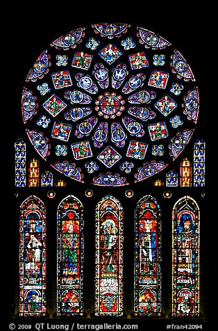 Set of rose window with five lancets called Rose of France, Chartres Cathedral. France (color)