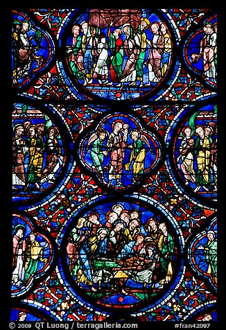 Stained glass window motif, Cathedral of Our Lady of Chartres. France (color)